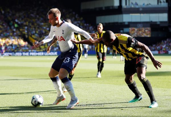 Soccer Football - Premier League - Watford v Tottenham Hotspur - Vicarage Road, Watford, Britain - September 2, 2018  Tottenham's Christian Eriksen in action with Watford's Christian Kabasele       Action Images via Reuters/Matthew Childs  EDITORIAL USE ONLY. No use with unauthorized audio, video, data, fixture lists, club/league logos or live services. Online in-match use limited to 75 images, no video emulation. No use in betting, games or single club/league/player publications.  Please contact your account representative for further details.