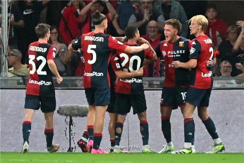 Genoa, Italy. 24 April 2022. Players of Genoa CFC celebrate the